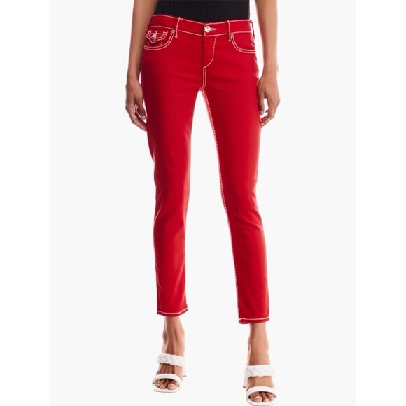 New TRUE RELIGION Size 16 (30) Red Super Stretch Skinny Embroidered Pockets Y2K - Picture 2 of 11